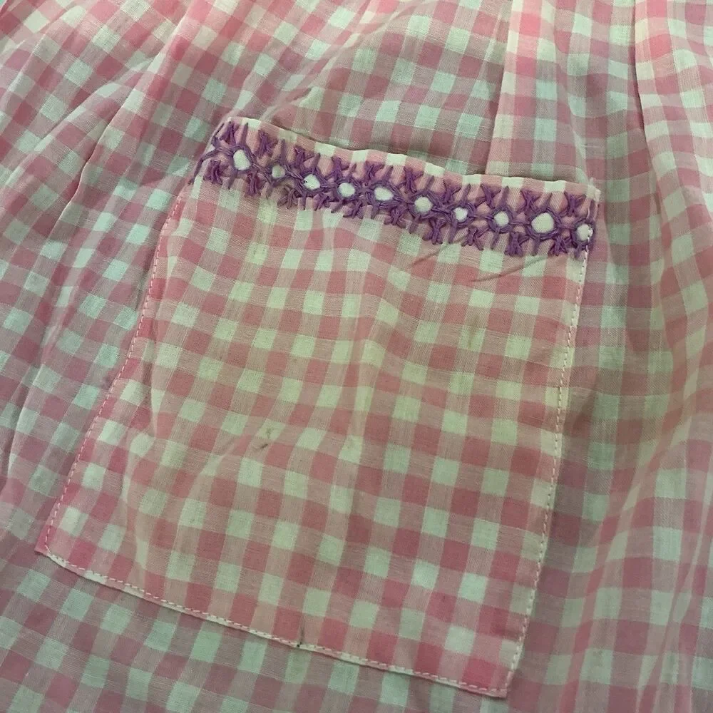 Vintage Pink Gingham Half Apron Purple Embroidery Pocket 70” Waist Ties